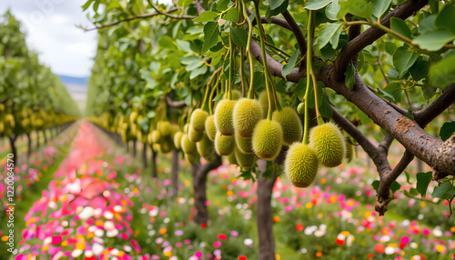 A green tree with ripe fruits in a lush garden, featuring branches with leaves and healthy citrus like lemons and limes photo