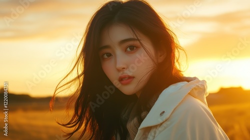 A young woman gazes thoughtfully at the sunset in a serene outdoor setting.