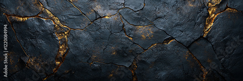 Dark rock texture with golden veins, dark background, generative AI