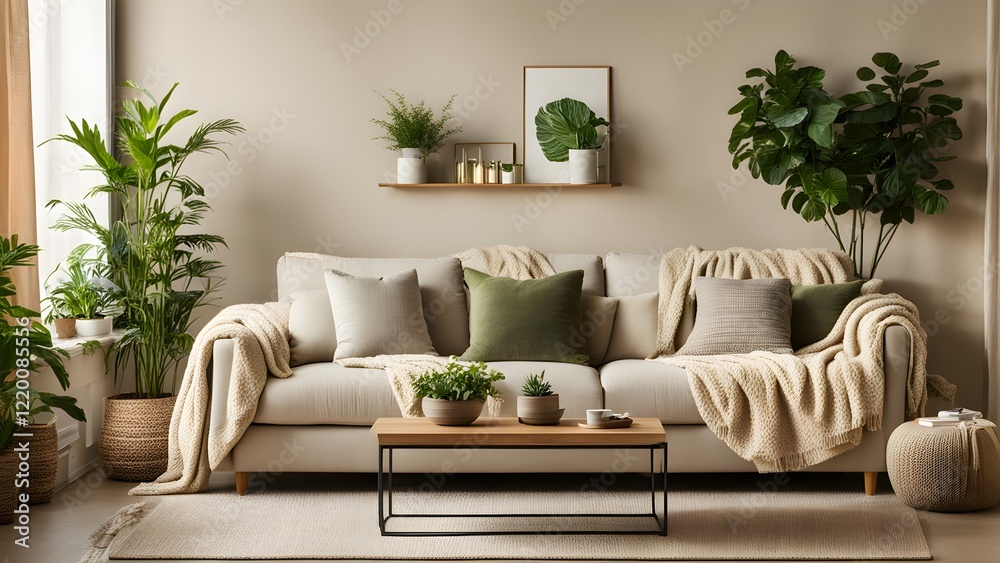 Beige sofa with neutral-toned throw and pillows, complemented by lush greenery and a wooden coffee table, creates a serene and stylish living room scene. Beige sofa with neutral-toned throw and pillows, complemented by lush greenery and a wooden coffee table, creates a serene and stylish living room scene.
