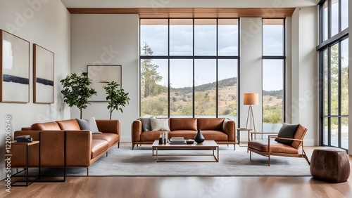 Modern living room interior with brown leather sofas and armchair, coffee table, and floor lamp, showcasing a stunning view through large windows.
