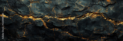 Dark rock texture with golden veins, dark background, generative AI