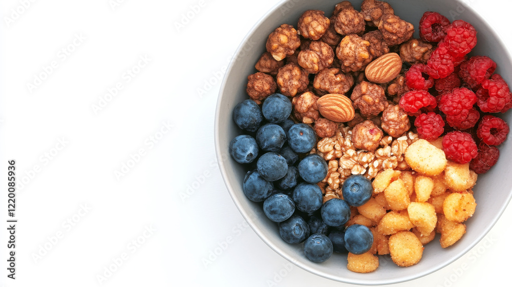 beautifully arranged breakfast bowl featuring fruits, berries nuts on white background with copy space. Top view