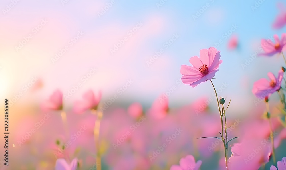 a field of wild pink dense flowers, thast goes up hill one side, Generative AI a field of wild pink dense flowers, thast goes up hill one side, Generative AI