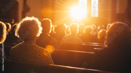 People sitting quietly in a church pew during a springtime Easter service, with sunlight shining