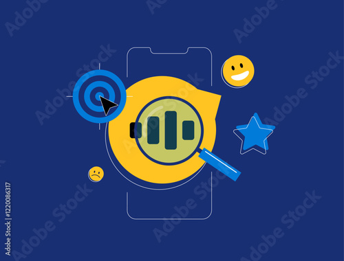 Social listening with analytics, customer feedback tracking, sentiment analysis and brand reputation monitoring. Audience insights, digital marketing tools and mobile-focused data illustration
