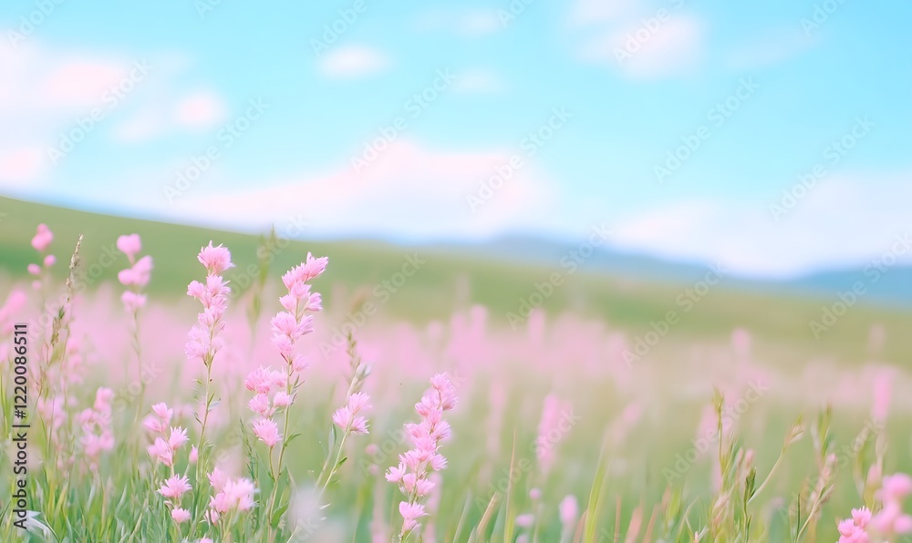 Fototapeta premium a field of wild pink dense flowers, thast goes up hill one side, Generative AI