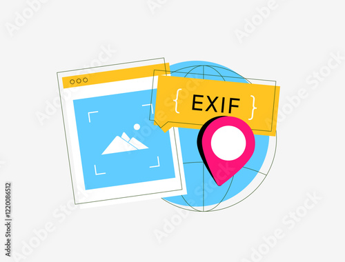 Illustration that represents the concept of EXIF data, featuring a digital photo frame and a globe with location markers, highlighting photography exif technical aspects and global reach