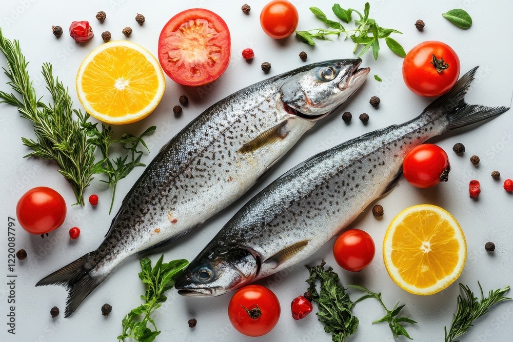 Two fresh trout with herbs & citrus. Perfect for recipes, cookbooks, or healthy eating content. Two fresh trout with herbs & citrus. Perfect for recipes, cookbooks, or healthy eating content.