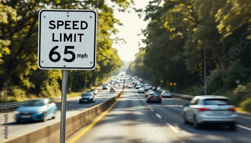 Highway Speed Limit 65 Mph Sign and Traffic