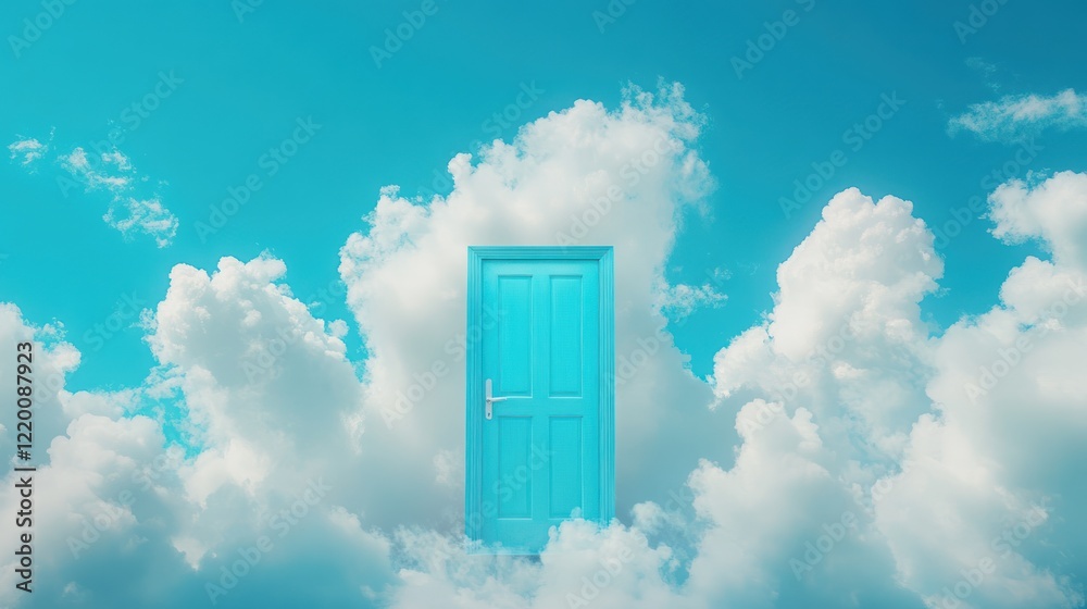 A surreal image of a blue door floating among fluffy clouds in a bright sky. A surreal image of a blue door floating among fluffy clouds in a bright sky.