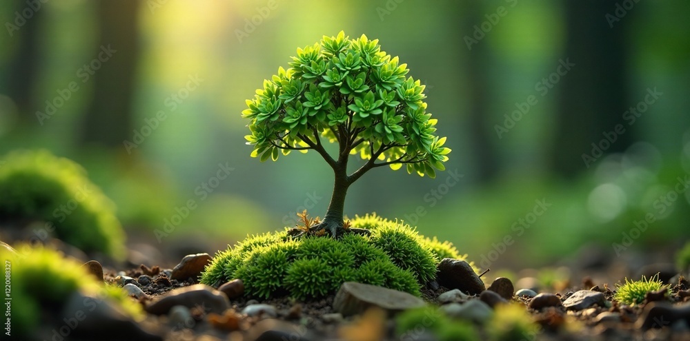 Miniature tree grows above ceratodon purpureus on the ground, succulent, forest Miniature tree grows above ceratodon purpureus on the ground, succulent, forest