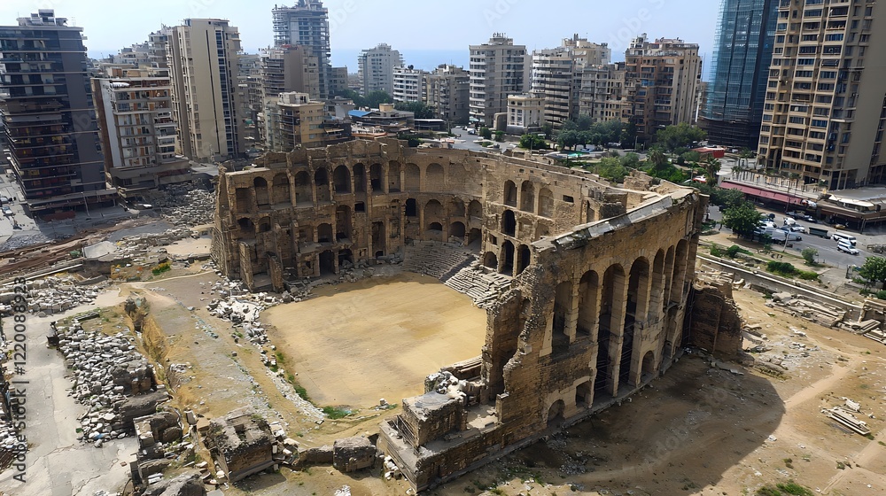Obraz premium Aerial view of Roman theatre amidst Beirut's modern city