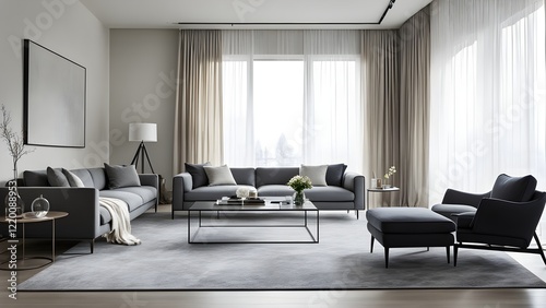 Stylish modern living room interior with gray sofa, armchair, and coffee table, large windows with sheer curtains, and a minimalist aesthetic.