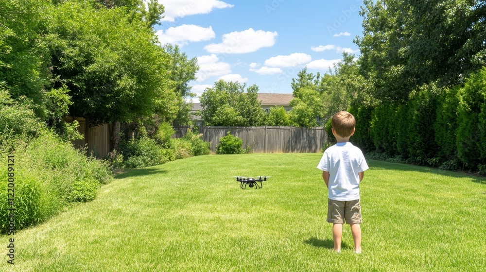 Child Watching Drone Flight in Backyard on Sunny Day Child Watching Drone Flight in Backyard on Sunny Day