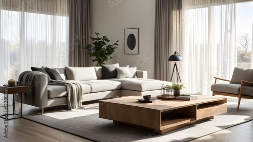 Sunlit modern living room with a beige sectional sofa, wooden coffee table, and sheer curtains.
