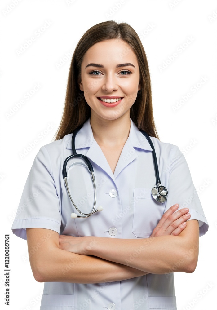 Photo of young woman folding hands . a confident doctor with a happy face. plain white background . Ai generative Photo of young woman folding hands . a confident doctor with a happy face. plain white background . Ai generative