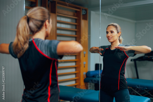 Woman Exercising with her Arms in a Gym Mirror. Happy Person Stretching her Limbs Before and Workout 
