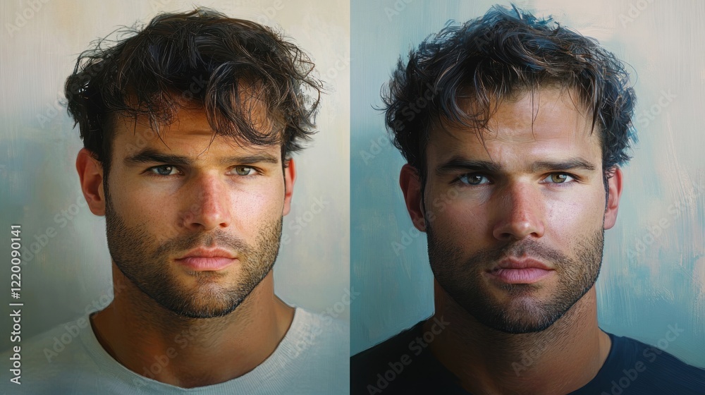Fototapeta premium Hair Loss Portrait of a Man Before and After Stress Depression Cancer Treatment Results Alopecia Scalp Hairline Cosmetic Surgery