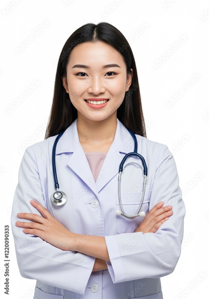 Photo of young woman folding hands . a confident doctor with a happy face. plain white background . Ai generative Photo of young woman folding hands . a confident doctor with a happy face. plain white background . Ai generative
