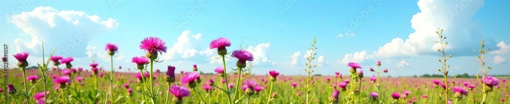 Field of nodding plumeless thistle in full bloom against a bright blue sky, flowers, wildflower, bloom Field of nodding plumeless thistle in full bloom against a bright blue sky, flowers, wildflower, bloom