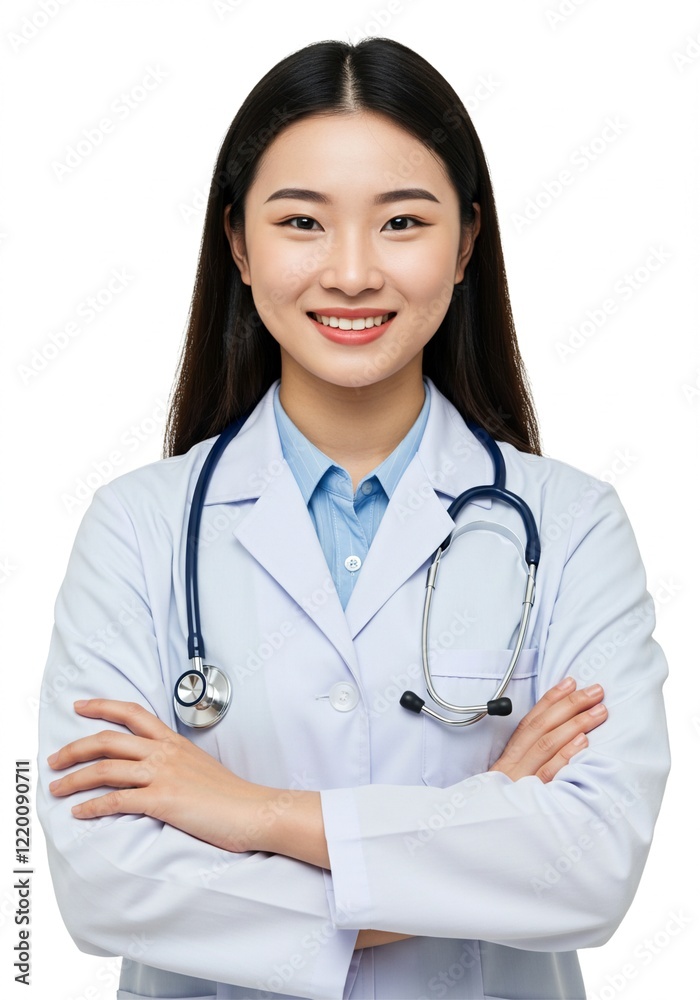 Photo of young woman folding hands . a confident doctor with a happy face. plain white background . Ai generative Photo of young woman folding hands . a confident doctor with a happy face. plain white background . Ai generative