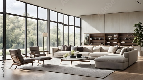 Modern  spacious living room with beige sectional sofa  wooden armchairs  and floor-to-ceiling windows overlooking a lush green landscape.