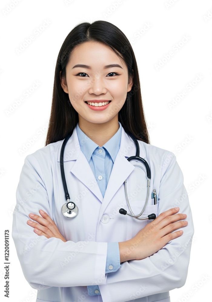 Photo of young woman folding hands . a confident doctor with a happy face. plain white background . Ai generative Photo of young woman folding hands . a confident doctor with a happy face. plain white background . Ai generative