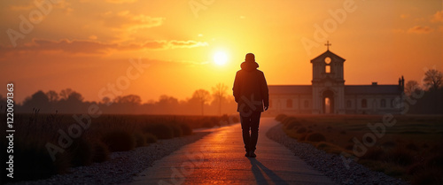 Solitary figure walking on path against sunset, journey of remembrance photo