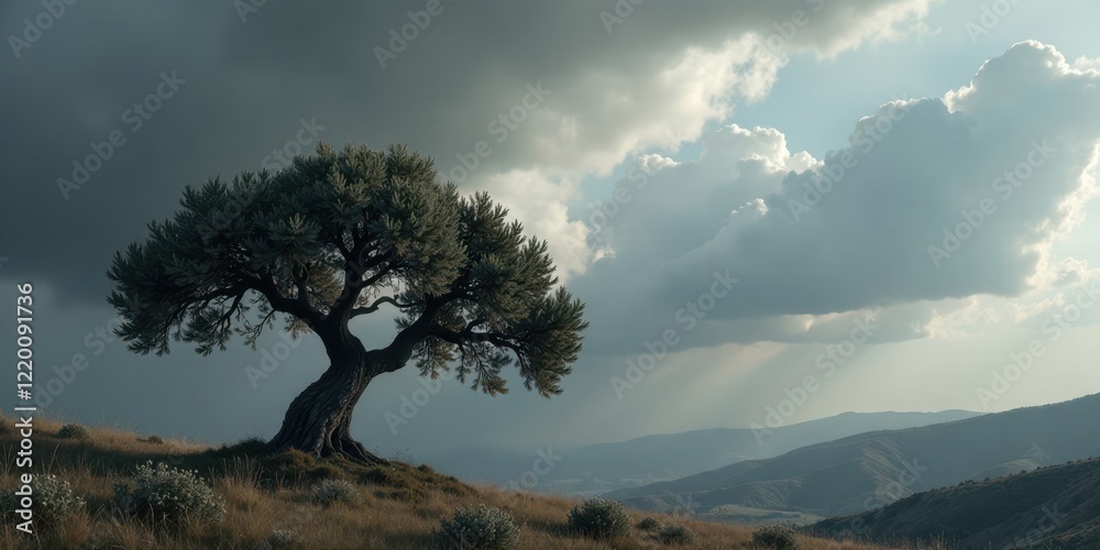 Obraz premium Solitary Tree on a Hillside Under a Dramatic Sky