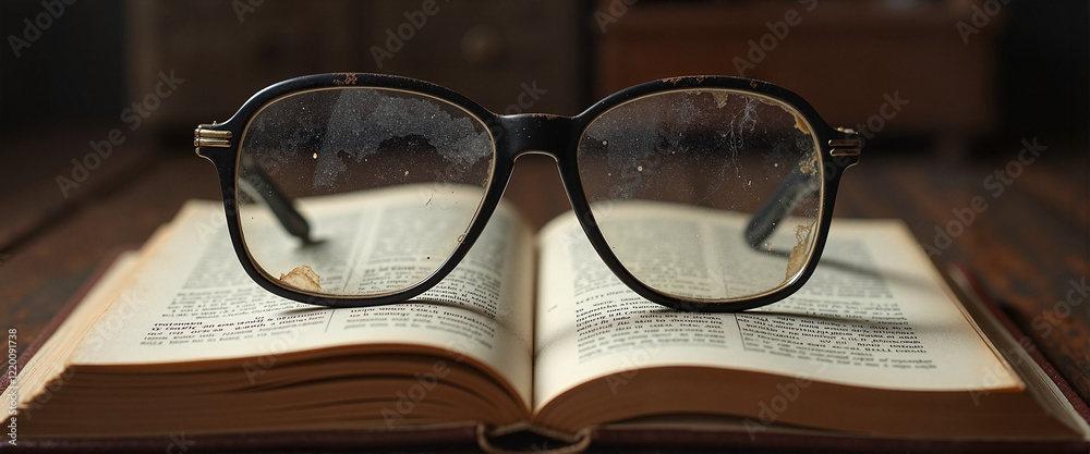 Old glasses resting on a book, symbolizing lost knowledge and memory Old glasses resting on a book, symbolizing lost knowledge and memory