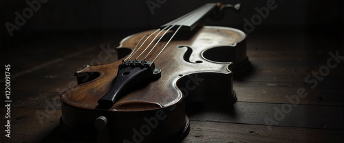 Stringless violin in soft light, evoking lost melodies and silence photo