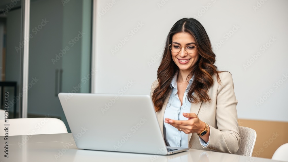 A professional woman smiles while using a laptop in a modern office setting, showcasing a positive work environment. A professional woman smiles while using a laptop in a modern office setting, showcasing a positive work environment.