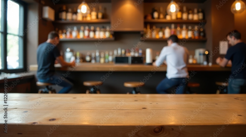 Empty wooden table in a dimly lit bar with blurred patrons sitting at the counter Empty wooden table in a dimly lit bar with blurred patrons sitting at the counter