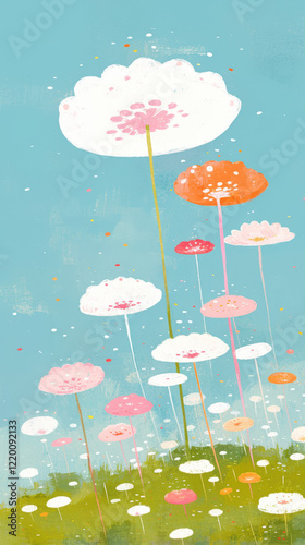 Whimsical garden with colorful flowers dancing in breeze