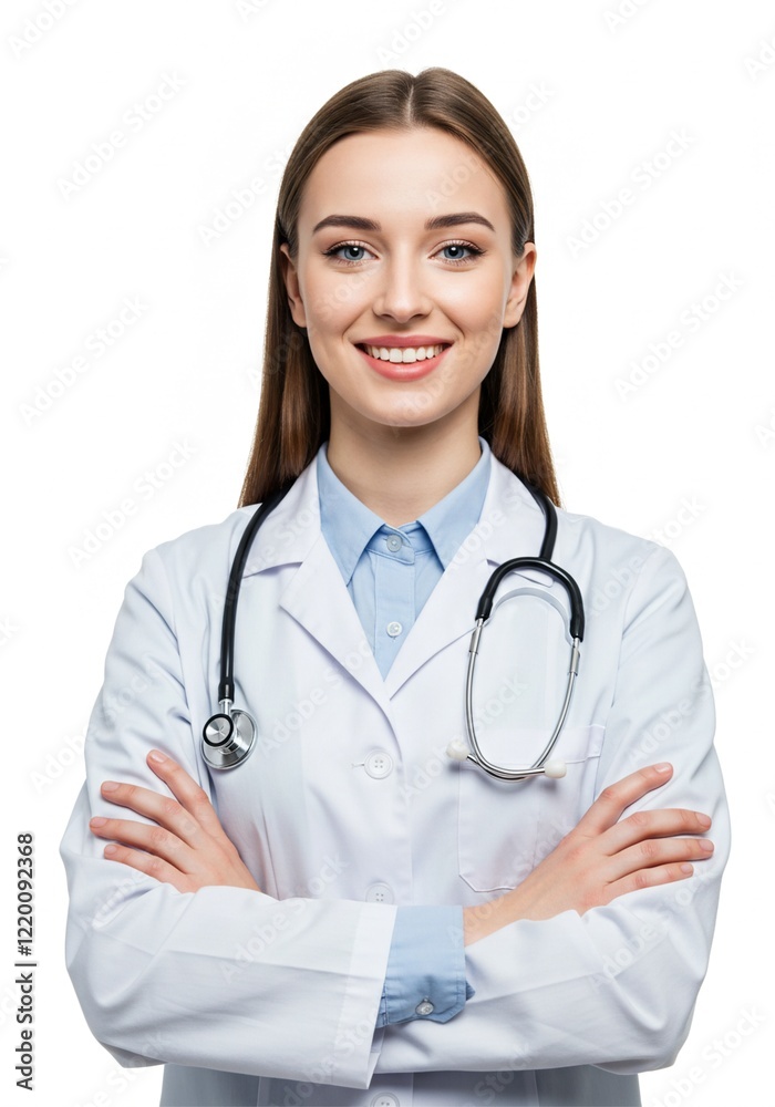 Photo of young woman folding hands . a confident doctor with a happy face. plain white background . Ai generative Photo of young woman folding hands . a confident doctor with a happy face. plain white background . Ai generative