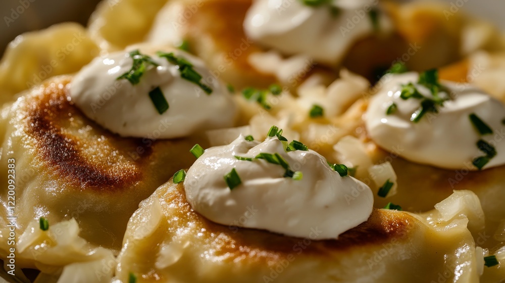 Traditional Polish pierogi with sour cream and onions. Featuring a comforting and savory dish. Highlighting the texture and flavors of the pierogi. Ideal for food and cultural themes. Traditional Polish pierogi with sour cream and onions. Featuring a comforting and savory dish. Highlighting the texture and flavors of the pierogi. Ideal for food and cultural themes.