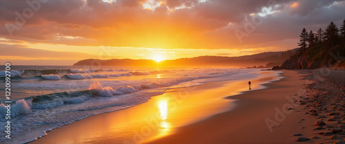 Surfer embracing sunrise at Newcastle beach, early morning serenity