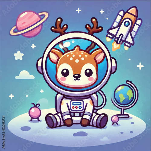 Cute Deer Astronaut Cartoon Vector Icon Illustration