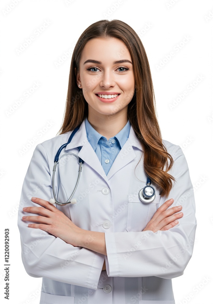 Photo of young woman folding hands . a confident doctor with a happy face. plain white background . Ai generative Photo of young woman folding hands . a confident doctor with a happy face. plain white background . Ai generative