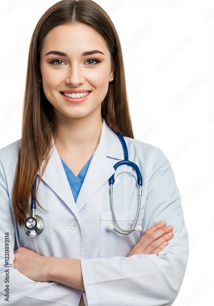 Photo of young woman folding hands . a confident doctor with a happy face. plain white background . Ai generative Photo of young woman folding hands . a confident doctor with a happy face. plain white background . Ai generative