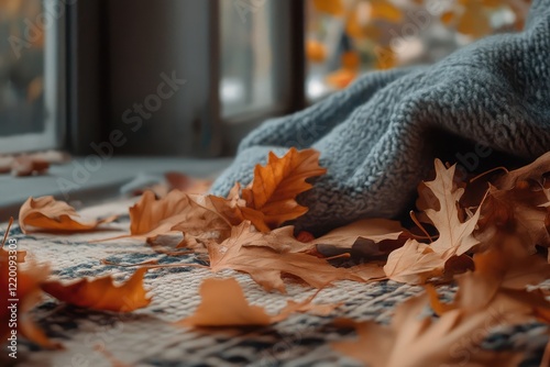 Autumn background with falling leaves and cozy vibes photo