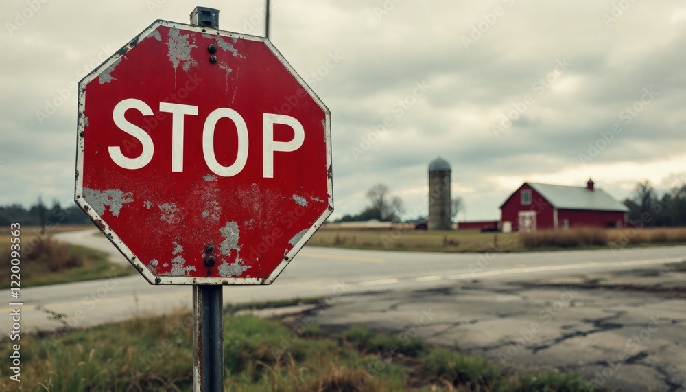 Obraz premium Rustic Stop Sign Rural Scene Farm Landscape Photography