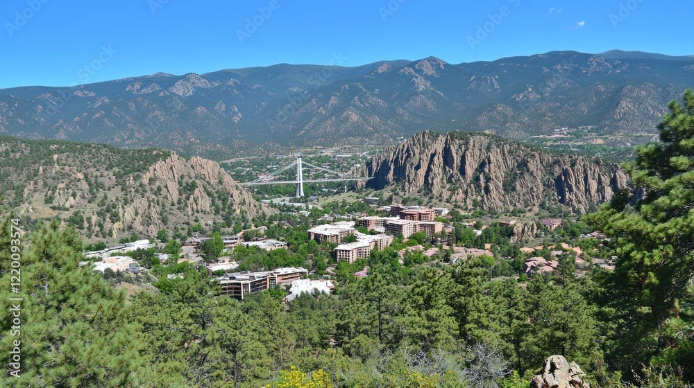 Obraz premium Panoramic View of Colorado Springs: Mountains, Bridge, and Cityscape