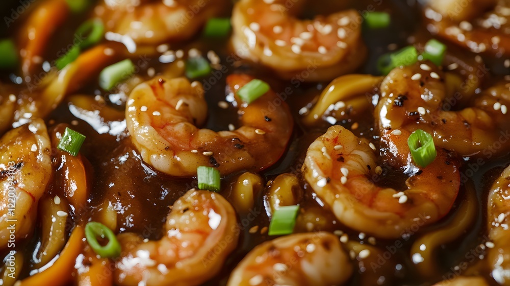 closeup of shrimp and chicken yaki udon noodles, Generative AI closeup of shrimp and chicken yaki udon noodles, Generative AI
