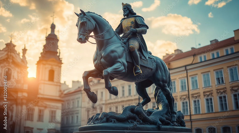 Obraz premium A statue of St. George on horseback, defeating a dragon in an old town square, illuminated by the morning sunlight, Ai generated images