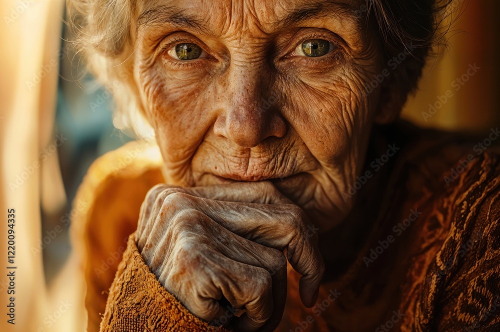A thoughtful elderly woman rests her chin on her hand, gazing softly with deep-set eyes that reveal a lifetime of stories and emotions. Her gentle features are marked by the passage of time.