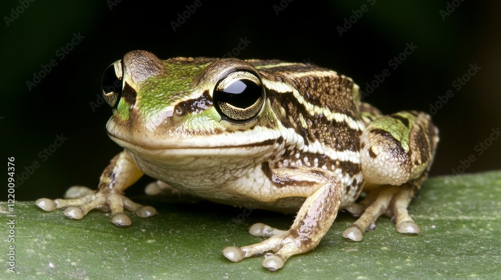 Closeup Portrait of a Striped Green Frog on Leaf Closeup Portrait of a Striped Green Frog on Leaf