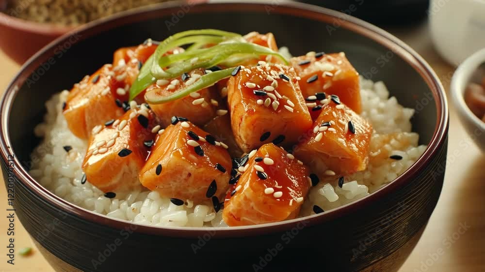 Bowl of salmon sashimi served on rice with sesame seeds and green onion in a casual dining setting Bowl of salmon sashimi served on rice with sesame seeds and green onion in a casual dining setting
