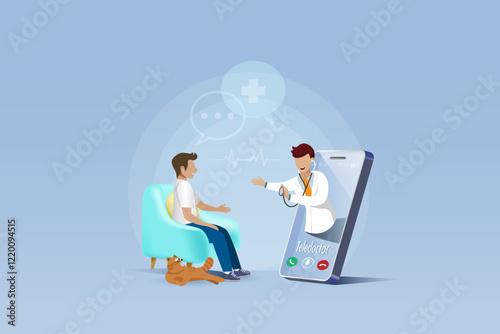 Online doctor on smartphone diagnosis and give consultation to patient at home. Telemedicine, virtual doctor, medical and health care service innovation technology for patient. Vector.